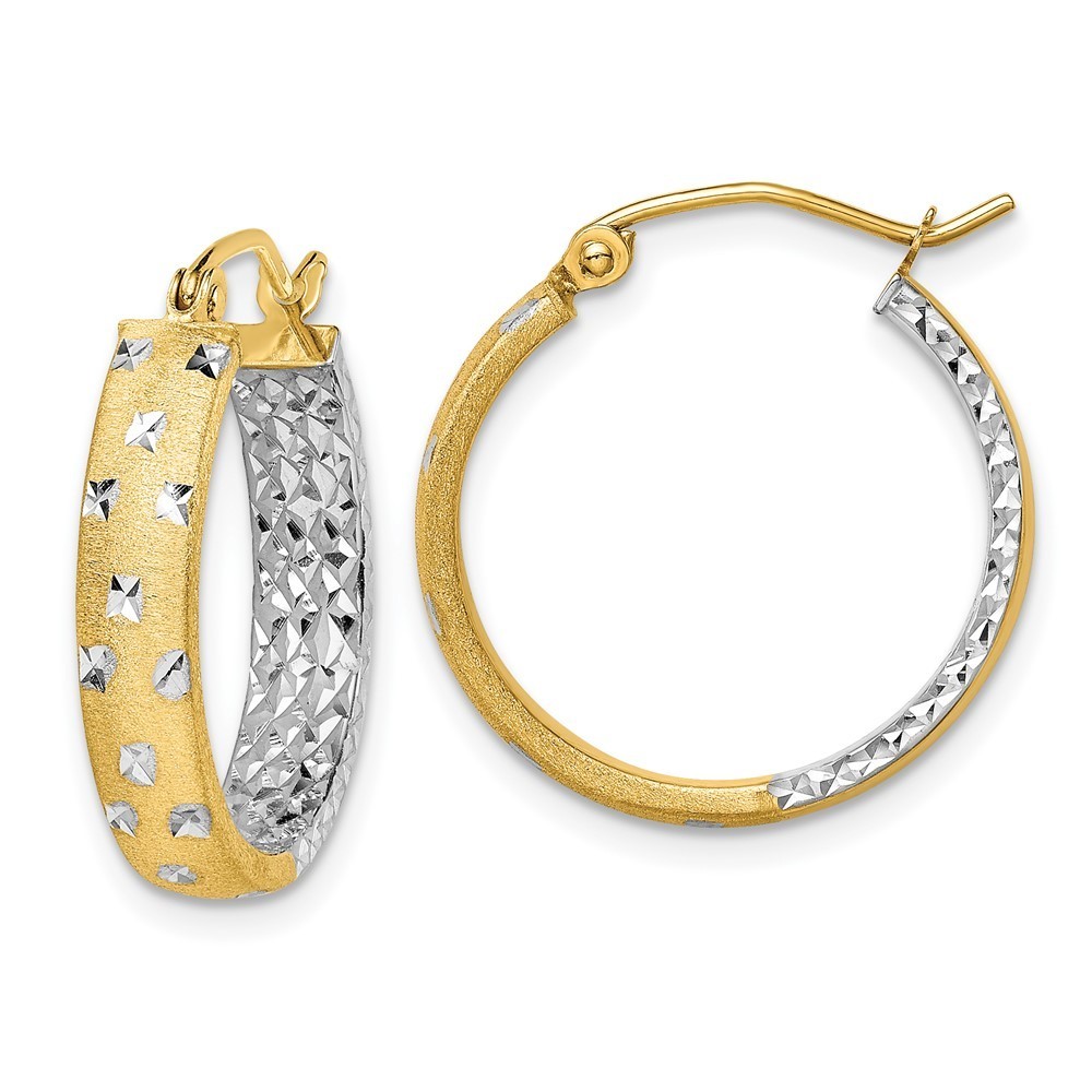 14k Yellow Gold White Satin Diamond-Cut In/Out Hoop Earring 18.5 L X 4 Mm W
